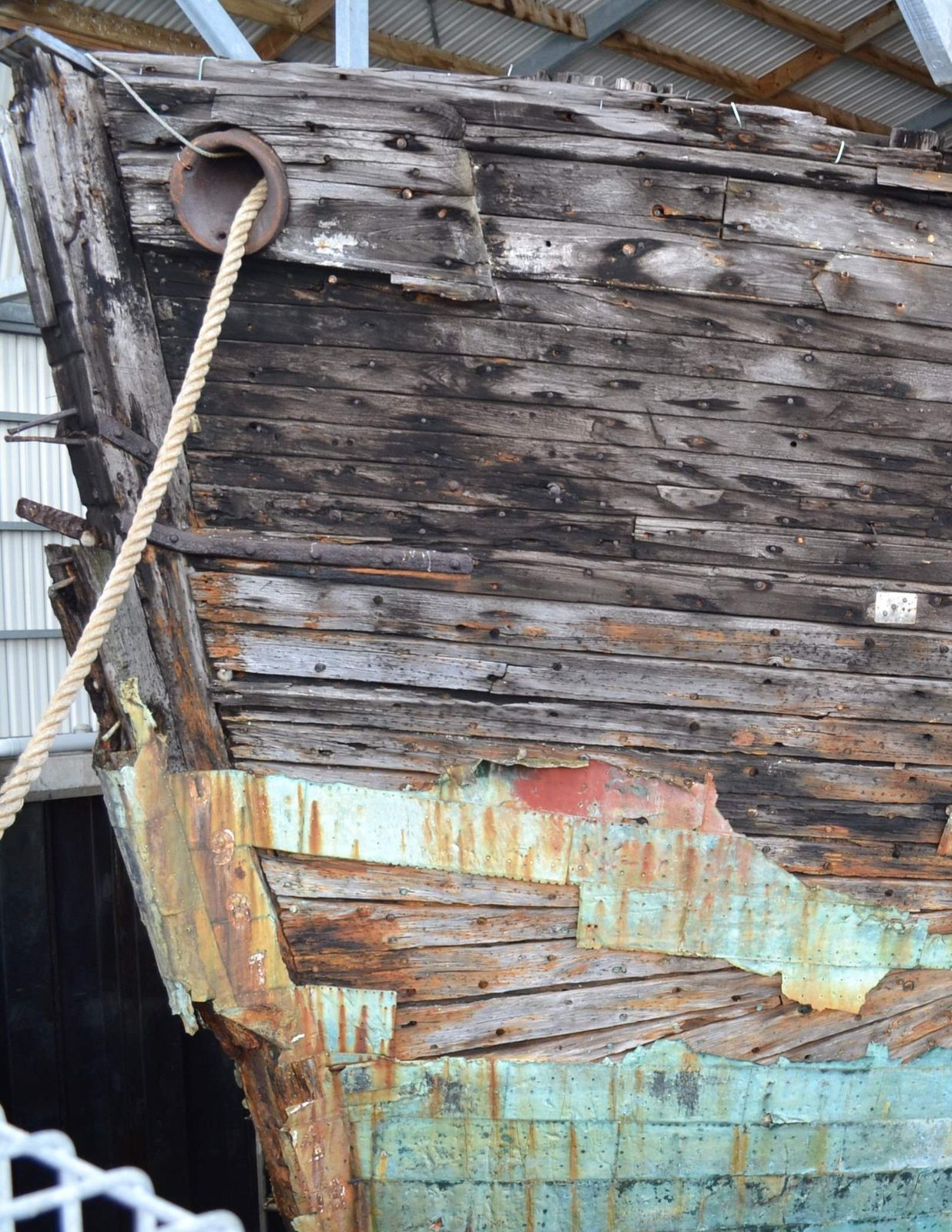 Close view of the Edwin Fox's bow timbers and copper sheathing