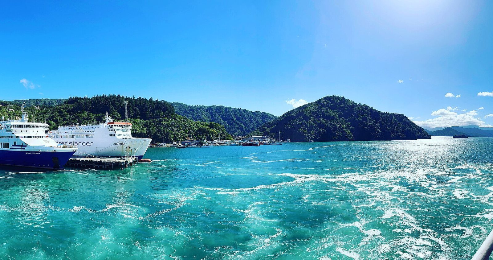 Two Cook Strait ferries moored at Picton's terminals