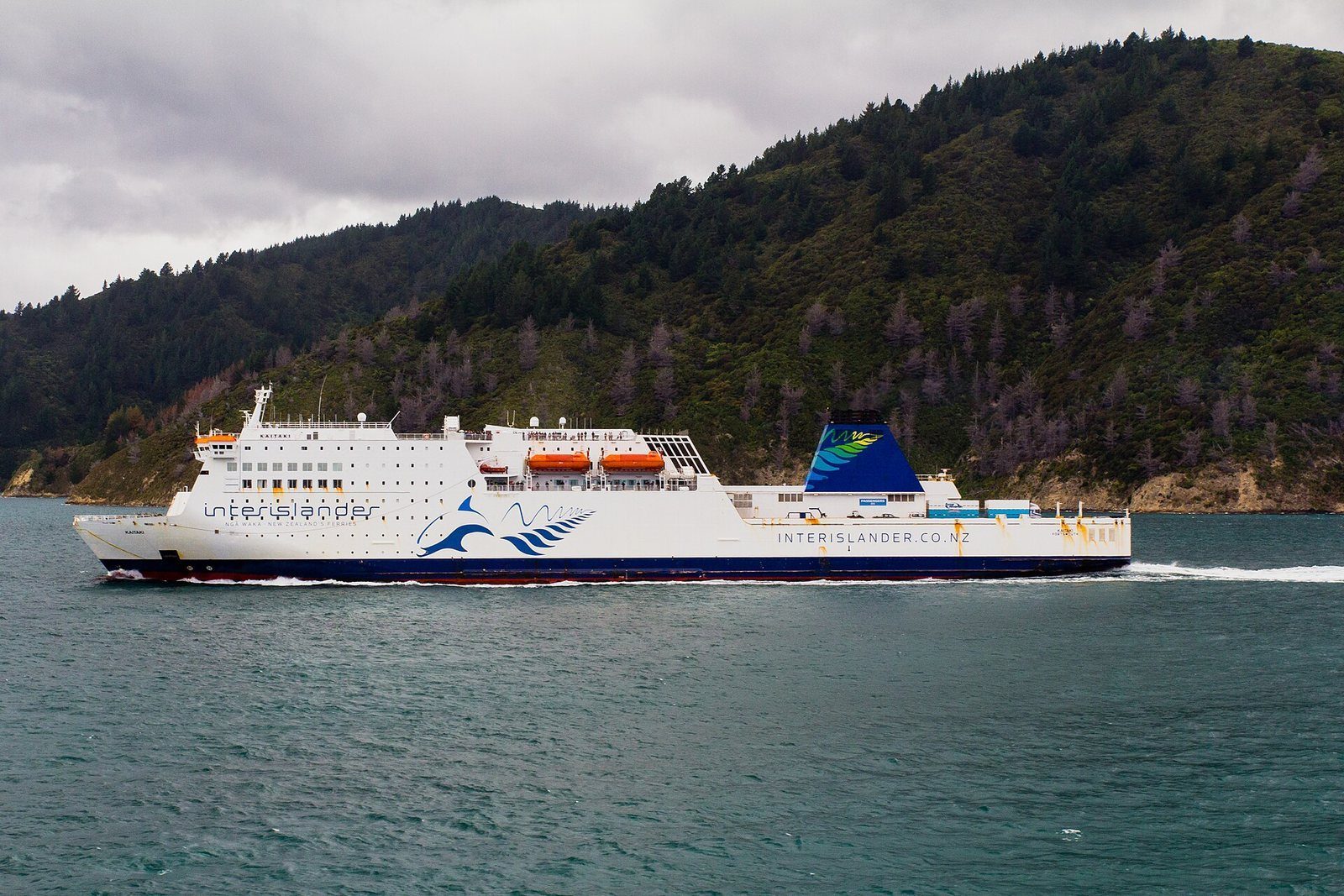 An Interislander ferry underway in the sheltered water of the sound