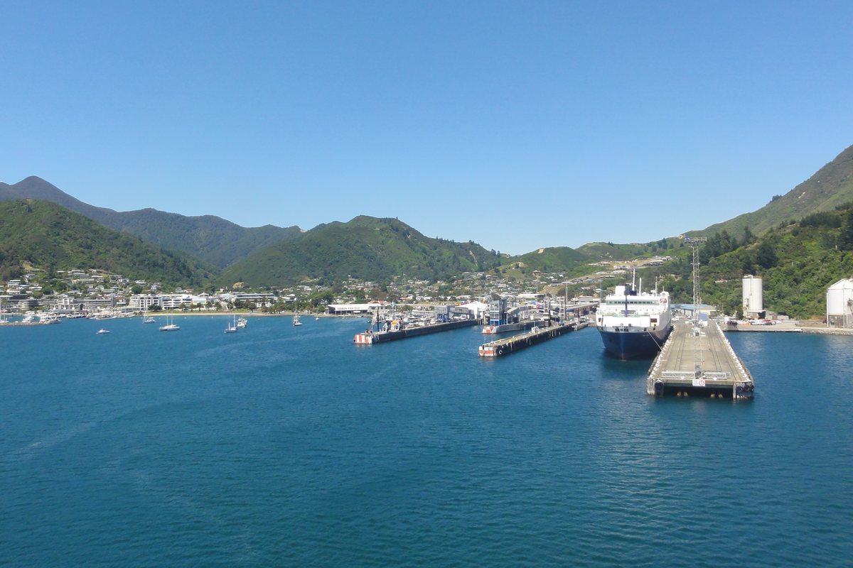 Picton's ferry terminal wharves on the foreshore, with ships alongside