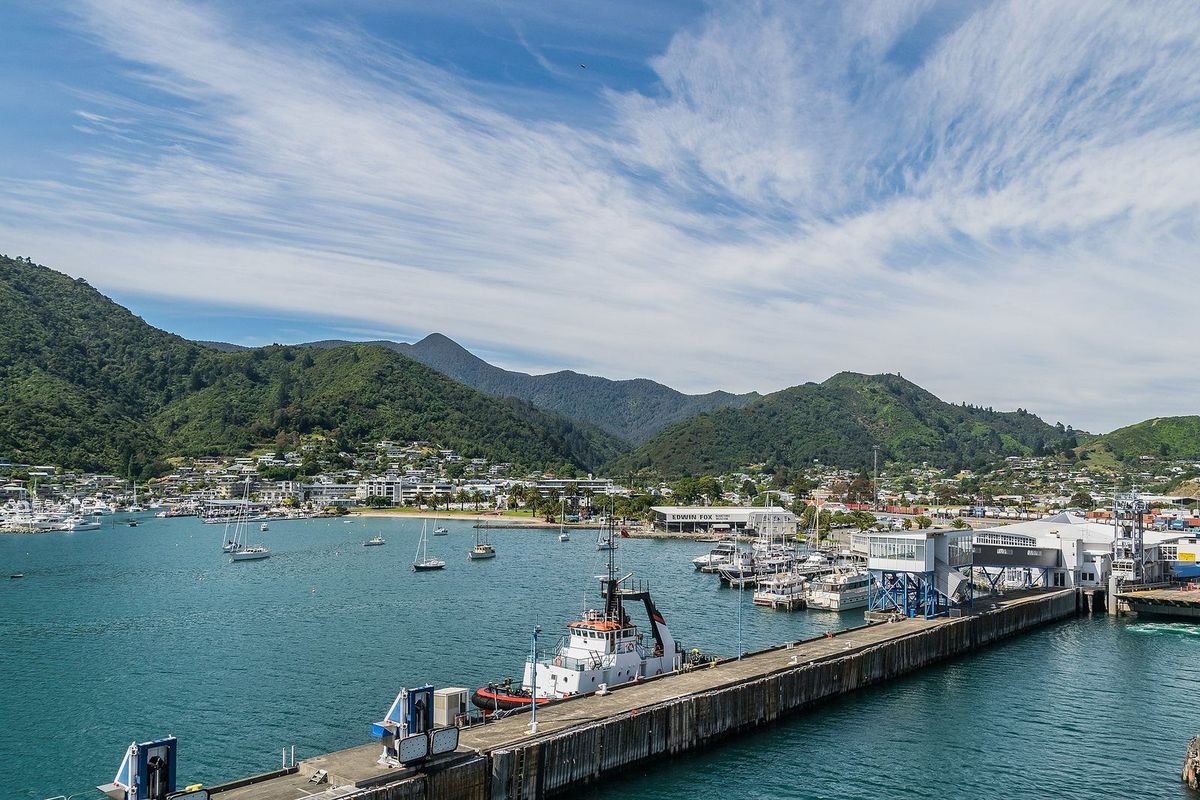 Picton township and harbour viewed from an arriving ferry