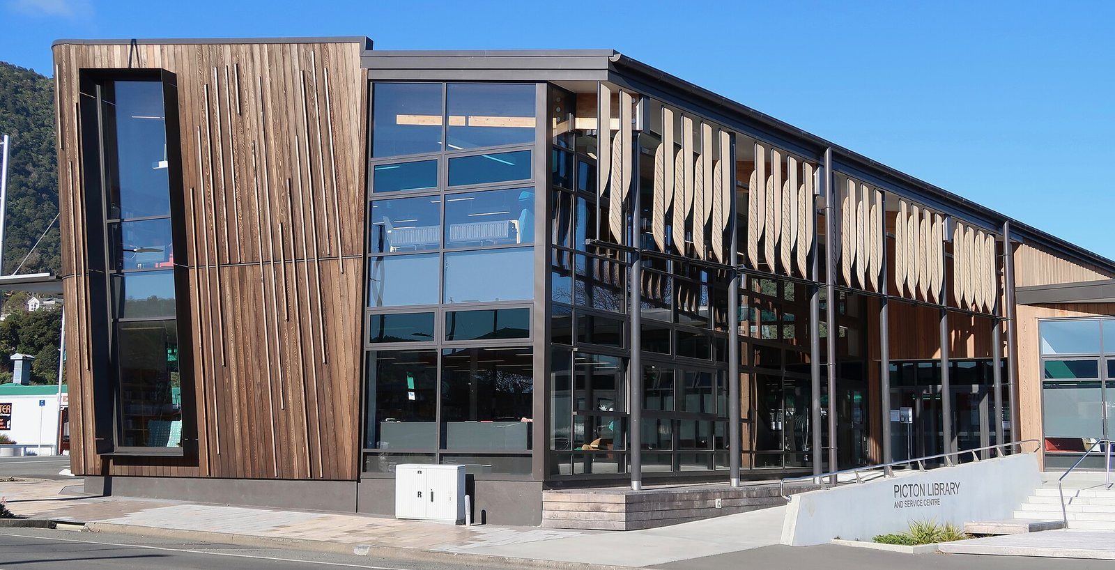The modern timber-and-glass Picton Library building
