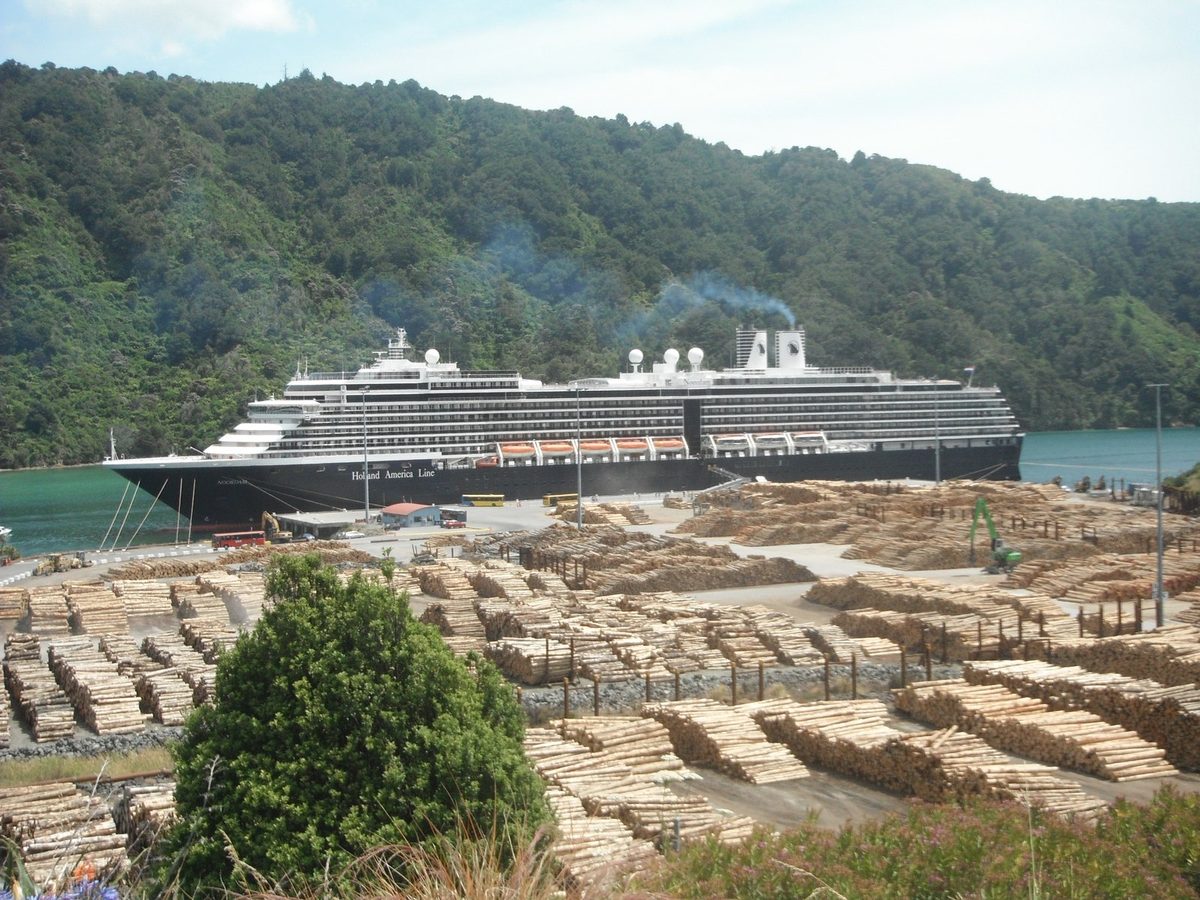Cruise ship Noordam berthed at Waimahara Wharf amid the Shakespeare Bay log yard.