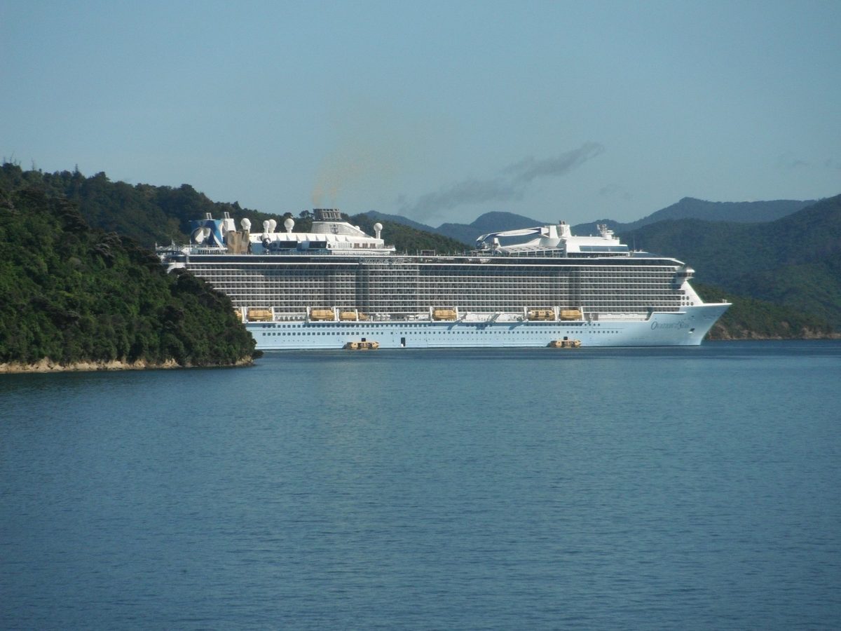 Ovation of the Seas anchored near Mabel Island off Picton, with passenger tenders alongside.