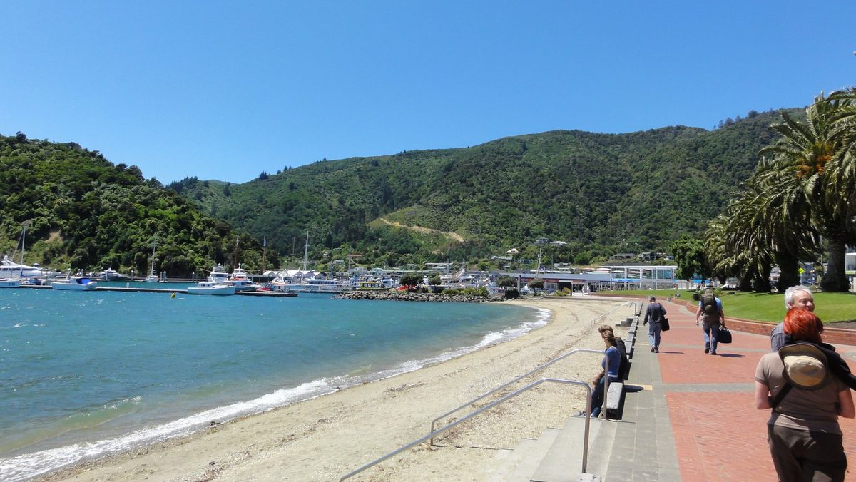 Picton foreshore beach and waterfront promenade at the town end of the walk, with the marina beyond.