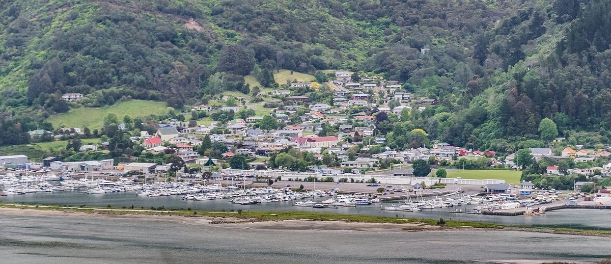 Elevated view from Cullen Point across the tidal flats to Havelock township and marina.