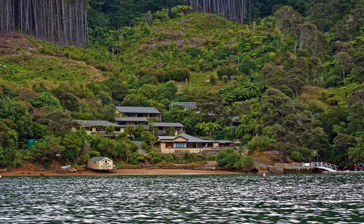 Waterfront lodge buildings, Lochmara Café sign, beach and jetty seen from the water.