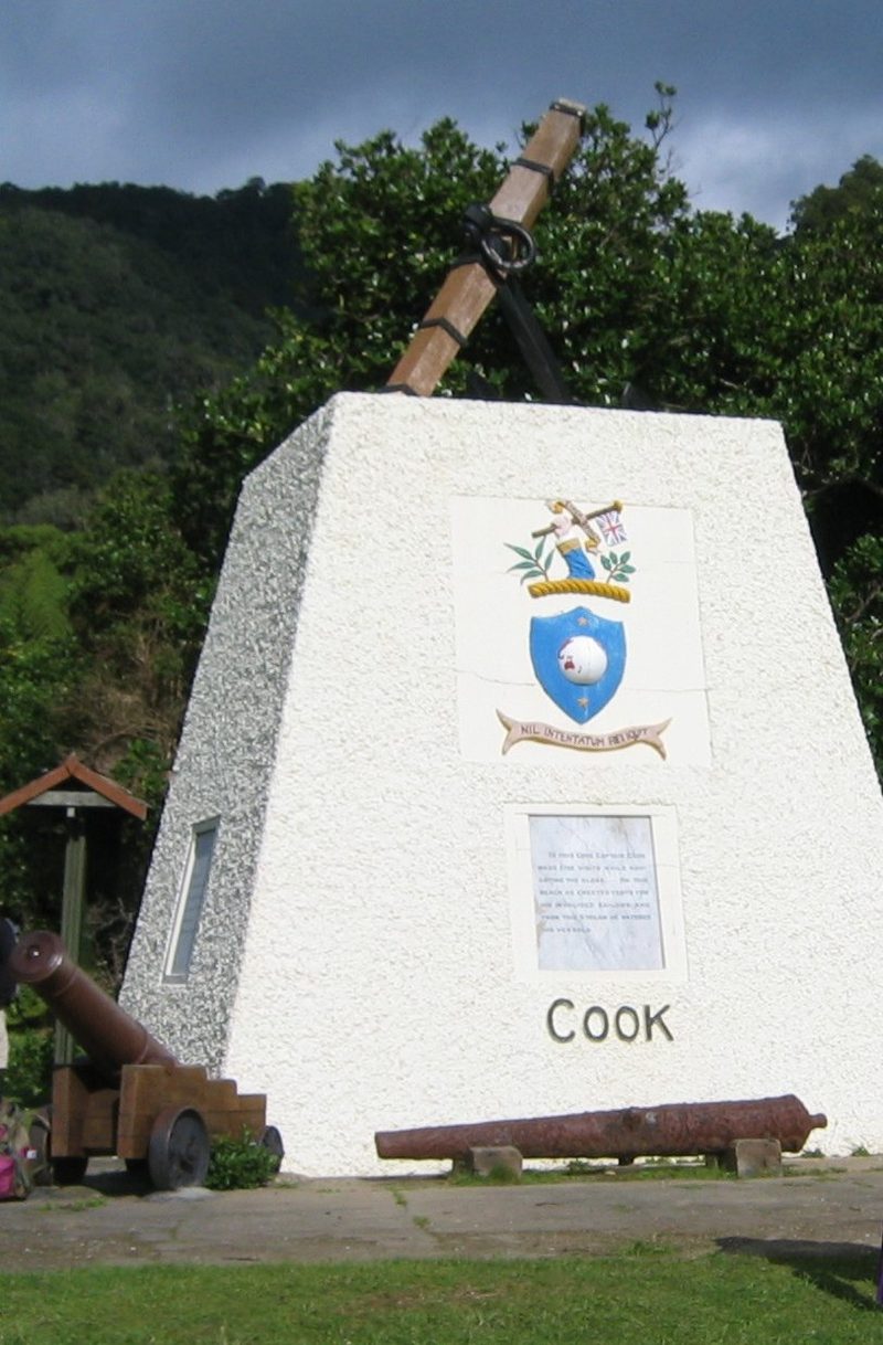 The Cook memorial at Meretoto / Ship Cove, including its anchor and historic cannon.