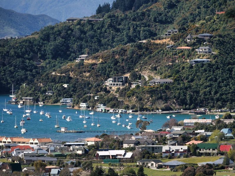 Waikawa settlement and shoreline with a jetty and yachts moored in the bay.