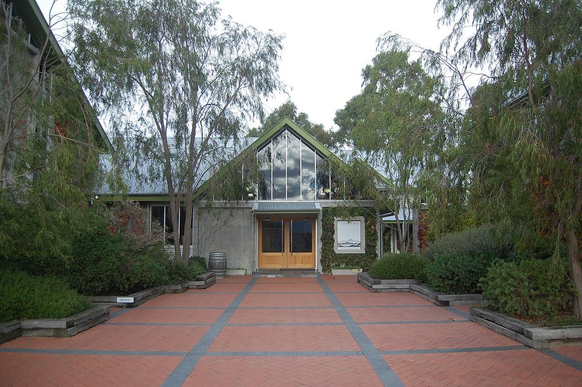 The landscaped entrance and main doors of Cloudy Bay's Marlborough cellar door.