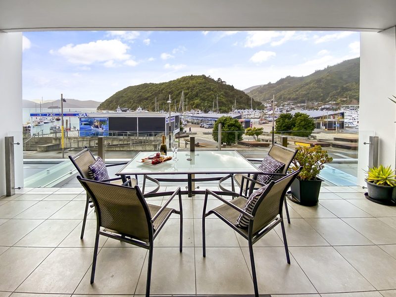 Furnished apartment balcony overlooking Picton Marina and the surrounding hills.