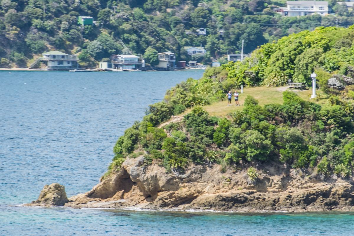 Bush-covered headland with a small white marker and walkers on top, seen from the water