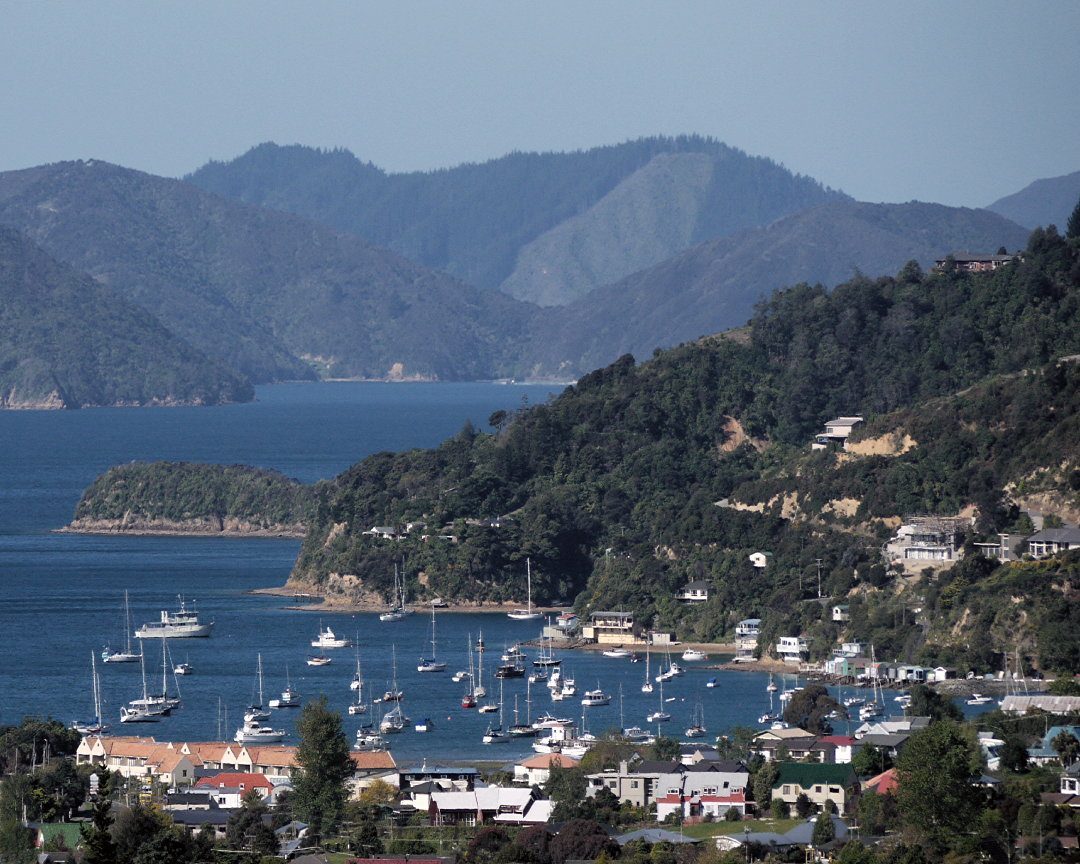 Looking down on Waikawa Bay and its marina from the Snout track