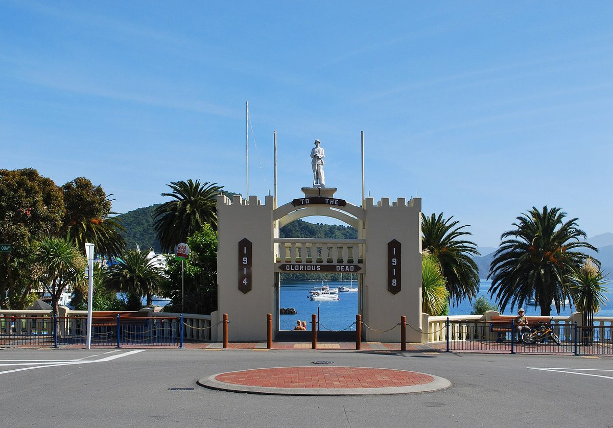 The stone war memorial archway on the Picton foreshore