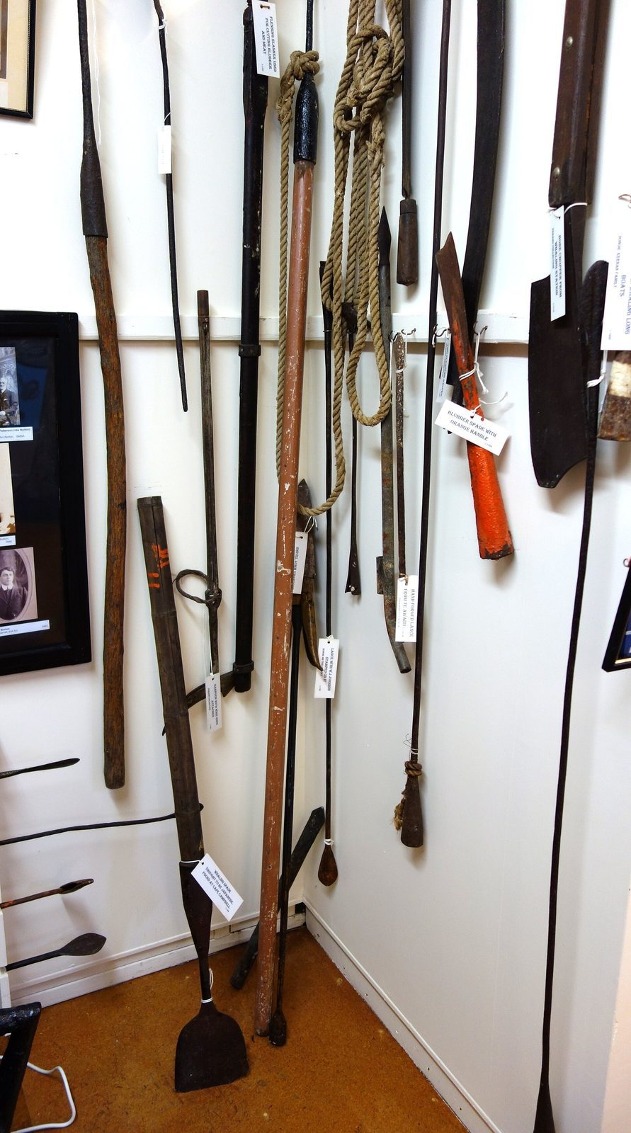A display of historic whaling tools and harpoons